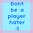 Pixelated blue text on light blue background with pink and purple lines, showing 'Dont be a player hater :]'
