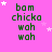 identical pixelated text blocks on a pink background with scattered white stars, each block reading 'bam chicka wah wah' in green