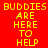 Red background with yellow pixelated text 'BUDDIES ARE HERE TO HELP' arranged in a pattern, some sections of the text appear on white rectangular overlays