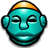 Pixelated teal cartoon face with closed eyes, orange hairband, and rounded ears on gray background.