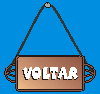 Six pixelated brown signs with white text "VOLTAR" hang from dark ropes against a blue background, arranged in two of three