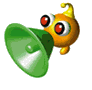 Animated orange character with red eyes and yellow horn holding green megaphone, showing two sequential poses.