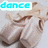 A four- of a light brown fabric object with text overlays reading 'dance', 'like', 'watching', and 'nobody's' in cyan pixelated font
