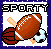 Pixel art contact sheet of 8 animated frames showing a sports-themed buddy icon with football, baseball bat, and soccer ball under the word "SPORTY" in varying colors.