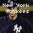 A pixelated image of a person in a dark blue baseball uniform with a white 'NY' logo, wearing a dark cap, with text overlays changing across frames.