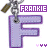 Pixelated purple 'F' icon with silver chain and brown tag, labeled FRANKIE above; two small pink heart symbols below the letter.