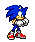 Pixelated blue hedgehog with green eyes, white gloves, red shoes, and yellow accents stands in various poses against gray background.