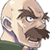 Pixelated cartoon-style buddy icon of a bald character with dark eyebrows and mustache, wearing purple clothing and green shoulder accents, against white background.