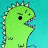 Green pixelated dinosaur with spiky back, open mouth, and black eyes on cyan background; text appears sequentially in frames.