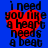 Blue background with four identical red heart shapes containing black text reading "i need you like a heart needs a beat" in pixelated font.