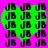 A static pixel art image with a bright pink background and green heart-shaped area filled with repeating 'JB' text in black.