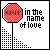 Pixel art icon with red circular face on stick, black text 'in the name of love', and dotted audio visualizer elements.