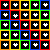 repeating white pixelated symbols on black squares, bordered by colored frames in rainbow sequence