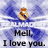 Animated icon with blue and white background showing a golden bottle with crown and brown stripe, text "Mell, I love you." appears in black font.