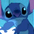 Pixelated blue cartoon character with large black eyes and a small nose, set against a gradient background of light blue and purple hues.