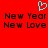 Red background with cyan pixelated heart symbol above black text reading "New Year" and "New Love" in two