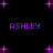 Pixelated purple text 'ASHLEY' appears in four positions on a black background with scattered pink plus signs.