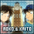 Pixelated image of two characters standing side-by-side with a tall structure between them, text at bottom reads AOKO & KAITO.