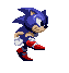 Six pixel-art frames of a blue hedgehog character in red shoes and white gloves, shown in various running poses against a gray background.