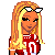 Pixel art of a female character with long blonde hair, white sunglasses on head, red crop top, blue jeans, and checkered shoes.