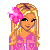 Pixel art of a blonde woman with pink flower in hair, wearing pink patterned top and high boots, standing next to partial body view on gray background.