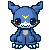 Six pixel art depictions of a blue creature with yellow V-shaped marking on forehead, red eyes, white teeth, and pink cheeks arranged in two