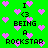Green background with pink pixelated hearts and black text reading "I <3 BEING A ROCKSTAR" in a repeating pattern.