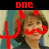 A pixelated image of a person with short brown hair wearing a dark top, overlaid with red text and symbols across multiple