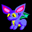 Pixelated purple rabbit-like creature with pink ears and yellow eyes, standing against black background in of animated poses