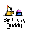 Animated contact sheet of a birthday-themed buddy icon showing sequential frames with a stick figure, cake, and confetti effects on gray background.