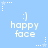 Light blue background with repeating white pixelated smiley faces and text 'happy face' surrounded by small stars and dotted lines.