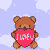 Pixelated brown teddy bear with red heart props and scattered hearts on light purple background with white clouds.