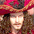 Animated contact sheet of three frames showing a character with long curly hair, mustache, and red tricorn hat in different poses against outdoor backgrounds.