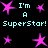 Pixelated cyan text reads "I'm A SuperStar! SuperStar!" surrounded by pink star shapes on a black background.