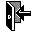 Pixelated black-and-white icon of a door with a 'b' symbol, showing sequential animation frames of a door opening and closing with arrow movements.