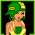Pixel art character with green hair and yellow-green outfit, shown in multiple views including full-body, torso, legs, and head-only poses.