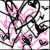 Pixelated abstract pattern of interwoven black and pink shapes on white background with gray border.