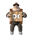 A cartoon character in a brown hat and dark pants holds a scroll that changes text from 'CO' to ':OO' to 'COOL', then back through the sequence before collapsing into two vertical scrolls.