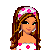 Pixel art contact sheet showing multiple frames of a pink-themed animated doll icon with text elements and geometric patterns.