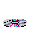 Pixelated abstract shape with horizontal black bars, pink cyan yellow and purple segments on gray background.