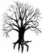 Black-and-white pixelated tree icon with bare branches and visible roots on a white background.