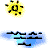 Animated sequence showing a yellow sun icon with black dots and blue water waves, where the sailboat's position shifts across frames.