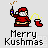 Pixel art Santa figure in red suit holding blue-tipped wand, yellow sparkles, red stocking, gray background, text "Merry Kushmas" below.
