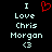 Pixelated text reads 'I Love Chris Morgan <3' with a red heart symbol replacing the 'O' in 'Love' on the left side of the image.