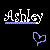Pixelated text 'Ashley' in white with a blue underline, and a blue pixelated heart shape below on a black background.