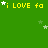Green background with yellow text 'i LOVE fa' repeated , white and light green stars scattered throughout, gray rectangle in bottom-right corner