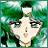Pixelated anime-style character with green hair and white headpiece against green background, next to black with white text