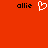 Red background with black text 'allie' on left and right, white pixelated heart symbol in center.