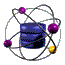 Animated atomic model with blue central core and orbiting spheres in purple, yellow, black, and white on gray background.
