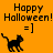 Orange background with black text reading "Happy Halloween! =]" above a pixelated black cat walking left to right.